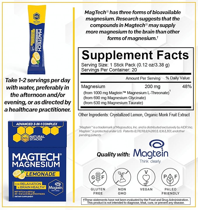 MagTech Magnesium Lemonade Drink Mix - Chelated Magnesium Complex - 3 Forms of Magnesium: Magtein Magnesium L-Threonate, Glycinate & Taurate - Supports Relaxation & Brain Health*, 20 Stick Packs