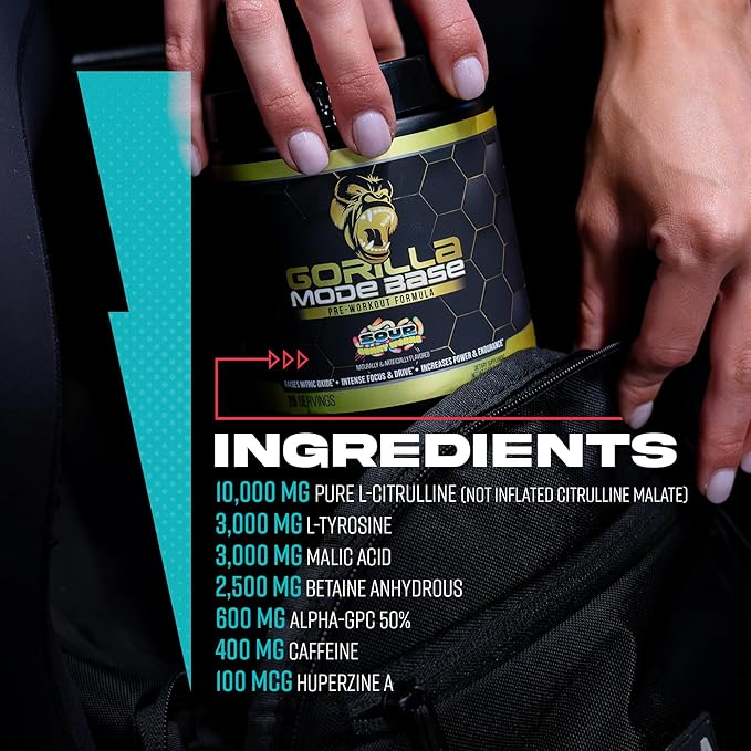 Gorilla Mode Base Pre Workout - Raises Nitric Oxide · Intense Focus & Drive · Endurance · Power - L-Citrulline, L-Tyrosine, Betaine, Alpha-GPC, Caffeine, Huperzine A - 360 Grams (White Gummy Bear)