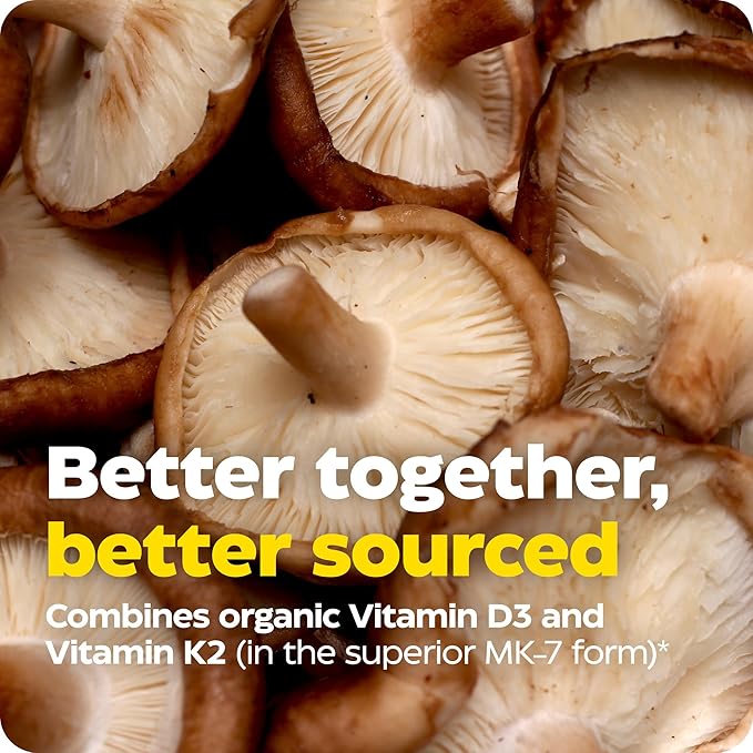 Enzymedica, Organic Vitamin D3+K2, 5,000 IU VIT D3 & 90 mcg VIT K2 MK-7, with Shitake Mushrooms & Prebiotic Fiber, Vegan, 60 Count