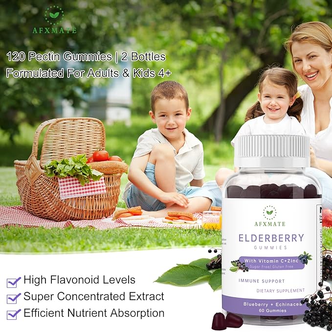 AFXMATE Sambucus Elderberry Gummies, Black Elderberry Gummy with Zinc and Vitamin C for Adults, Sugar Free Kids Multivitamin Gummies, Immune Support* Supplement, 120 Gummies (2 Pack)