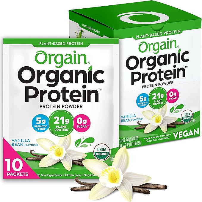 Orgain Organic Vegan Protein Powder, Vanilla Bean - 21g Plant Protein, 5g Prebiotic Fiber, Low Carb, No Lactose Ingredients, No Added Sugar, Non-GMO, For Shakes & Smoothies, 10 Travel Packs