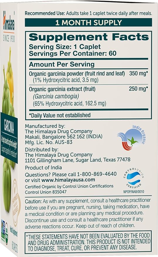 Himalaya Organic Garcinia Cambogia Herbal Supplement, Appetite Control, Lipid Metabolism, Weight Support, USDA Organic, Non-GMO, Vegan, 600 mg, 60 Plant-Based Caplets, 30 Day Supply
