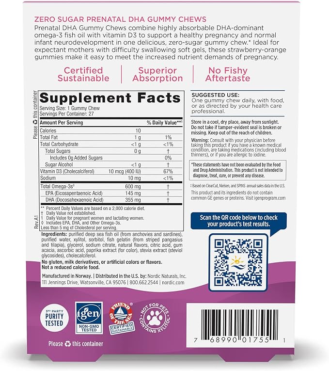 Nordic Naturals Zero Sugar DHA Prenatal Vitamin Gummies, Strawberry Orange Flavor - 27 Gummies - Supplements for Pregnancy - 600 mg Omega-3 Fish Oil and 400 IU Vitamin D3-27 Servings