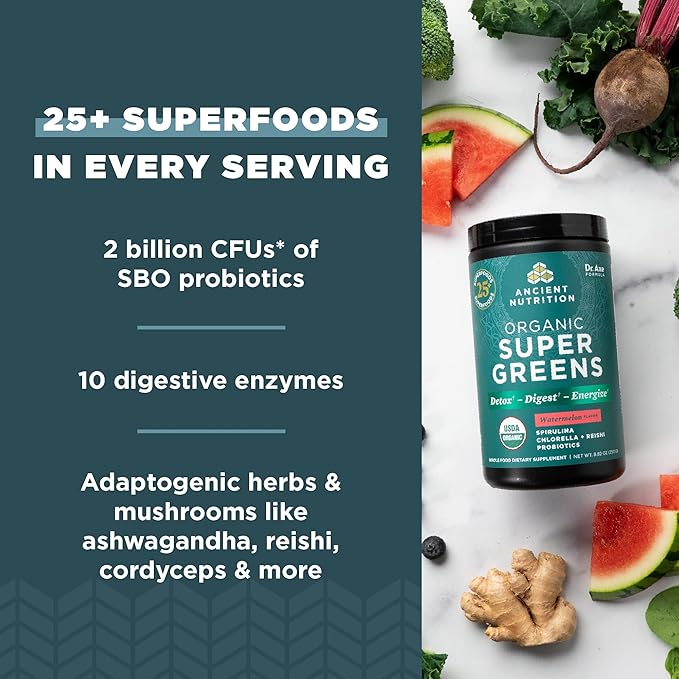ANCIENT NUTRITION Organic SuperGreens Powder with Probiotics, Peppermint, Made from Real Fruits & Vegetables, Digestive & Energy Support, 25 Servings
