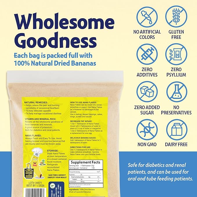 Nana Flakes 100% Pure Banana Flakes Medical Food Powder - Decrease Fat Intake & Natural Remedy for Diarrhea & Heart Burn - Great Source of Protein & Fiber (Banana, Two Pound Bag)