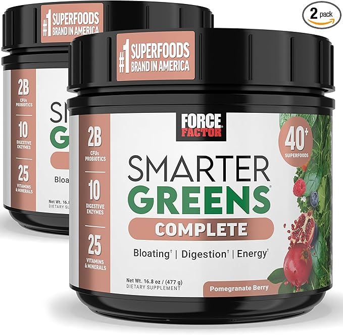 Force Factor Smarter Greens Superfoods Powder to Support Digestion, Gut Health, Bloating, Greens Powder with Probiotics, Prebiotics, Digestive Enzymes, & Adaptogens, Pomegranate Berry, 60 Servings