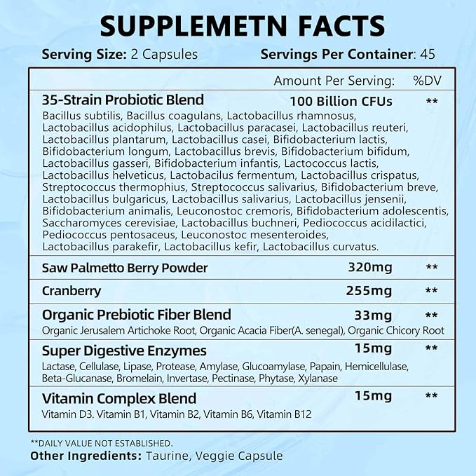 ZEBORA Probiotics for Men 100 Billion CFU - Probiotics for Digestive Health, Men's Probiotics Supplement, Prebiotics & Enzymes, for Prostate Health with Saw Palmetto | 90 Veg Capsules