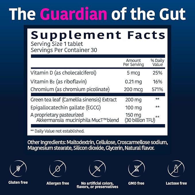 Akkermansia Company Healthy Weight - Akkermansia Probiotic, Akkermansia Muciniphila, GLP-1, Metabolic Vitamins, GLP-1 Supplement for Gut Health, Chromium, Green Tea Leaf - 30 Tablets (Pack of 1)