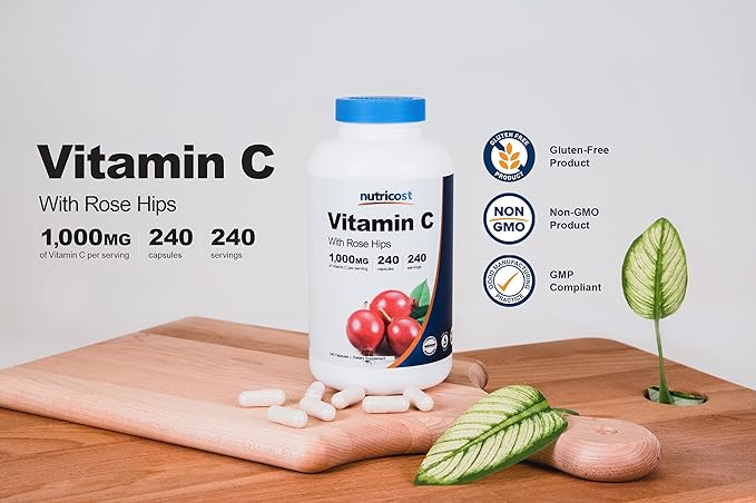 Nutricost Vitamin C with Rose HIPS 1025mg, 240 Capsules - Vitamin C 1,000mg, Rose HIPS 25mg, Premium, Non-GMO, Gluten Free Supplement