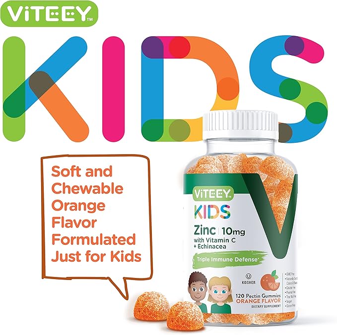 Zinc for Kids Gummies 10mg, with Vitamin C & Echinacea for Kids - Immune Support, Powerful Natural Antioxidant, Kids Zinc Vitamin Supplement - Vegan, Gelatin Free - Tasty Chewable Orange Flavor Gummy