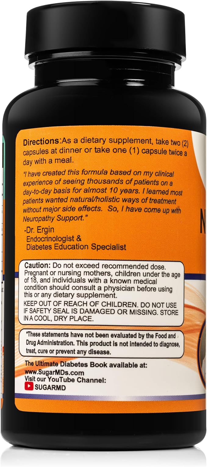 SugarMD Neuropathy Support Supplement โ 60 Nerve Supplement Capsules with Alpha Lipoic Acid, Benfotiamine & Vitamin D3 B6 B12 - Nerve Support Supplement for Feet, Hands, Fingers & Legs - 30 Day Supply