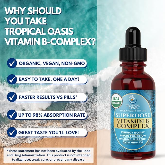 Superdose Organic Vitamin B Complex Liquid Drops | 125,000% DV Vitamin B12, B6, Biotin, Niacin, Folate | Energy, Brain Health, Immune Support | USDA Organic, Vegan, Non-GMO | 60 Serv, 2 Mo. Supply