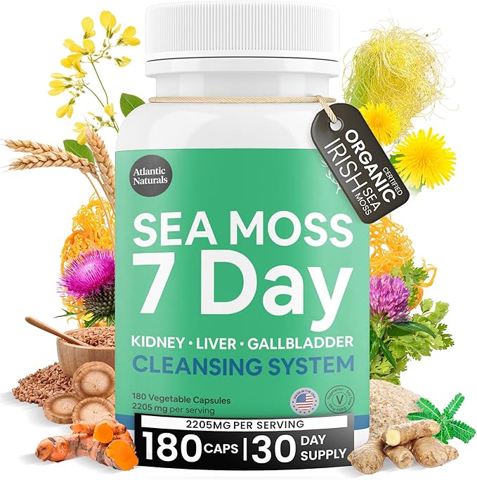 Atlantic Naturals Sea Moss 7 Day Detox Liver, Gallbladder & Kidney Cleanse Capsules- Support with Dandelion Root, Milk Thistle, Burdock Root, Red Clover, Chanca Piedra - 180 Sea Moss Capsules