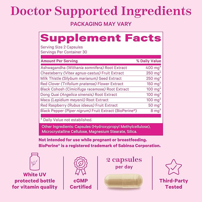Pink Stork Ashwagandha, Maca Root, and Black Cohosh - Hormone Balance for Women - 9 Clinically-Studied Herbs for Perimenopause and Menopause - Hot Flashes, Mood Swings, Energy, 60 Capsules