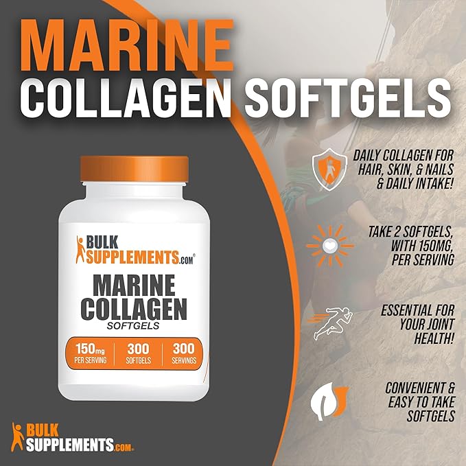 BulkSupplements.com Marine Collagen Softgels - Collagen Supplement, Fish Collagen Pills, Marine Collagen Peptides Pills - Gluten Free, 1 Softgel per Serving (150mg), 300 Softgels