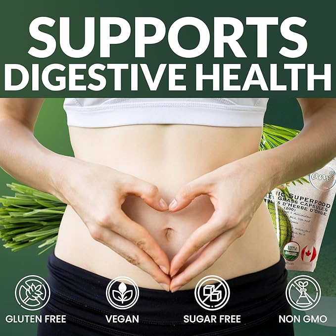 am2 Organic Barley Grass Capsules – Pure Barley Grass Juice Powder Capsules, Green Superfood Supplement – Rich in Fiber & Antioxidants – Support Immunity & Digestive Health – 200 Caps (200g)