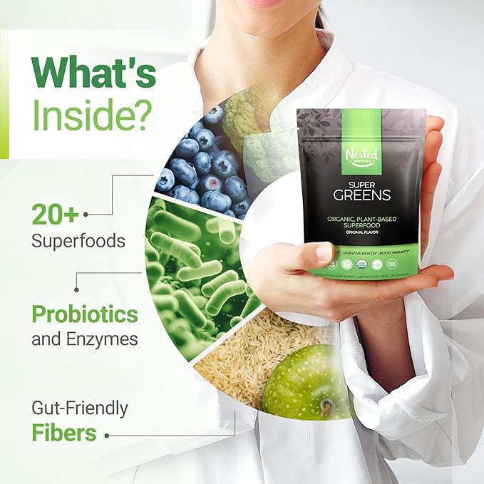 Super Greens Daily Greens Superfood Powder - Certified USDA Organic Green Powder w/20+ Whole Foods, Spirulina Powder, Wheat & Barley Grass - Probiotics, Fiber & Enzymes - Original Refill, 30 Servings