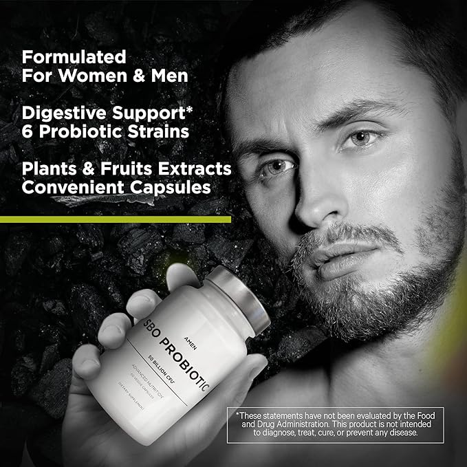 Amen Probiotics Supplement, SBO Probiotic and Organic Prebiotics, 50 Billion CFUs, Shelf Stable, No Refrigeration Required, Flora Daily Probiotic Formula for Women & Men, Vegan & Non-GMO, 60 Capsules