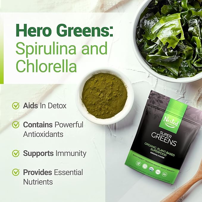 Super Greens Daily Greens Superfood Powder - Certified USDA Organic Green Powder w/20+ Whole Foods, Spirulina Powder, Wheat & Barley Grass - Probiotics, Fiber & Enzymes - Original Refill, 30 Servings