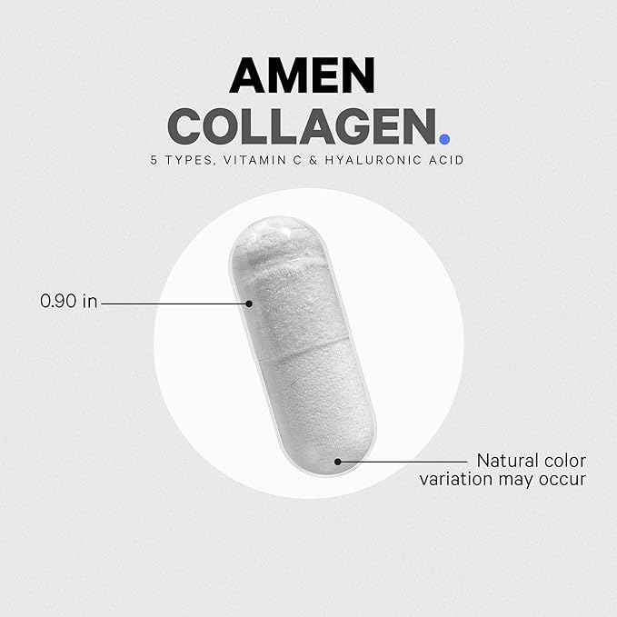 Amen Multi Collagen Peptides Capsules with Hyaluronic Acid and Vitamin C - 5 Types of Collagen Protein Type I, II, III, V, X - Grass Fed Hydrolyzed - 18 Amino Acids - Collagen Supplement - 90 Pills