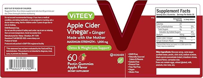 Apple Cider Vinegar Gummies 1,000mg Plus Ginger, ACV with The Mother, Detox Cleanse for Weight Loss and Immune Support, Vegan, Gluten Free, Gelatin Free, GMO Free - Chewable Apple Flavored Gummy