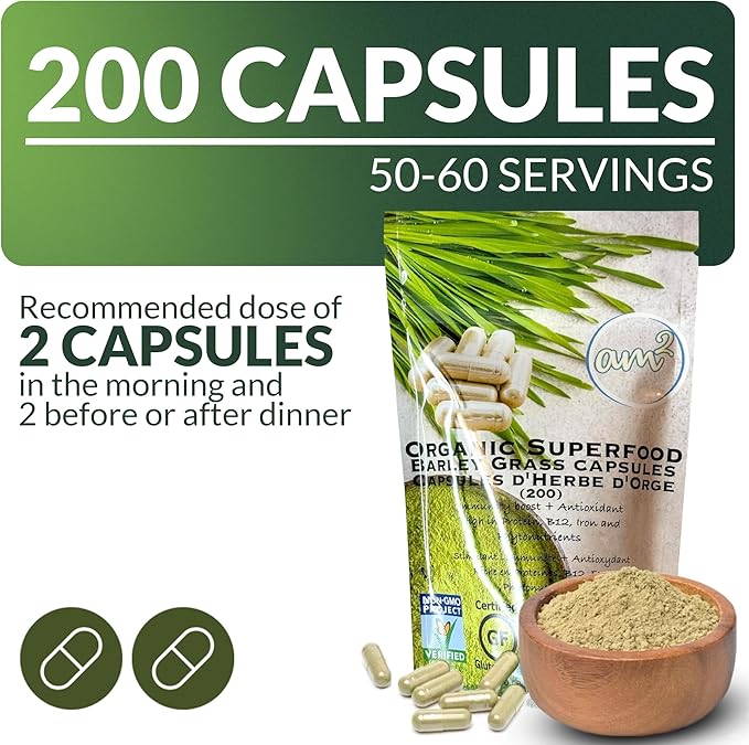 am2 Organic Barley Grass Capsules – Pure Barley Grass Juice Powder Capsules, Green Superfood Supplement – Rich in Fiber & Antioxidants – Support Immunity & Digestive Health – 200 Caps (200g)