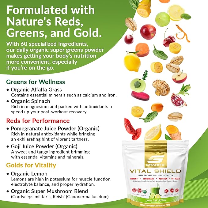 Granite Supplements Vital Shield - (30 Servings) Greens Superfood Powder - Fruit & Vegetable Super Foods Powder for Performance, Gut Health, Immunity & Nutrition, Lemon Lime Berry Greens