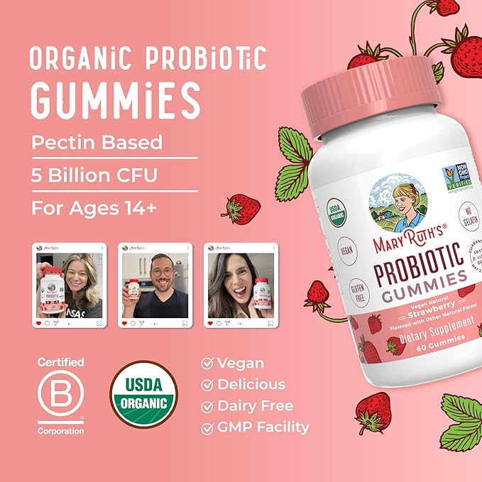 MaryRuth Organics USDA Organic Probiotic Gummies |Probiotics forWomen & Men Digestive Health & Gut Comfort Supplement 5 Billion CFU | Immune & Digestive Support | Vegan | Non-GMO | 60 Count