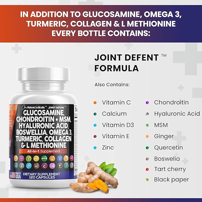Clean Nutraceuticals Glucosamine Chondroitin MSM Turmeric Hyaluronic Acid Boswellia Collagen Tart Cherry - Joint Support Supplement Omega 3 Pills Ginger Quercetin Capsules - 120 Count USA