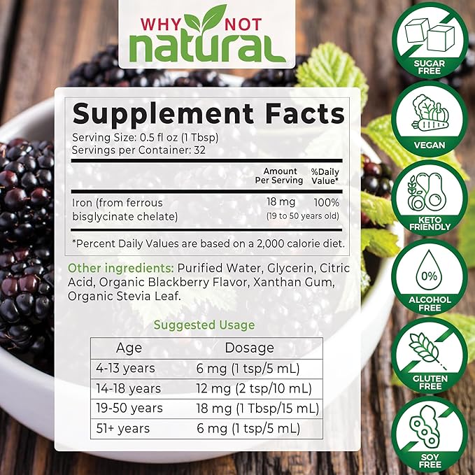 Why Not Natural Liquid Iron Supplement for Women, Men and Kids, Vegan Formulation for Anemia, Sugar Free, Vegan, Non-GMO, Gluten Free, Organic BlackBerry Flavor 16 Fl Oz