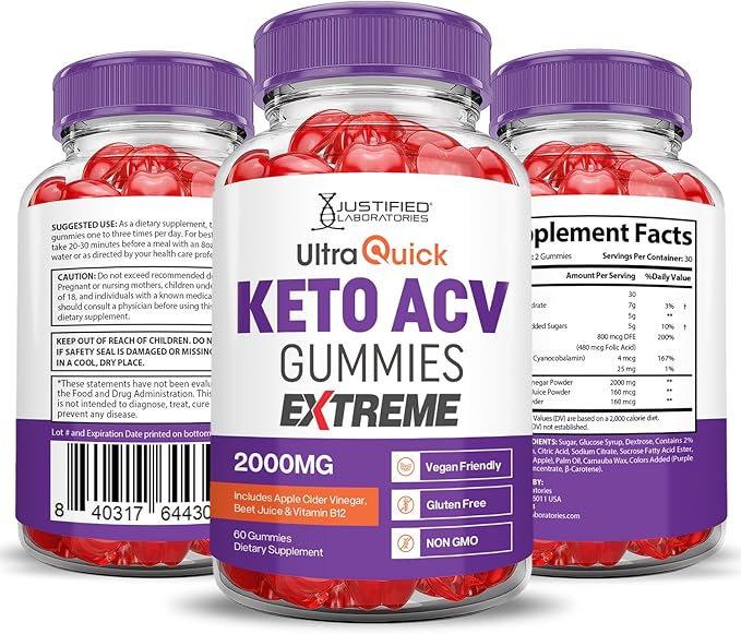 (2 Pack) Ultra Quick Keto ACV Gummies Extreme 2000MG Ultraquick Keto Gummies Apple Cider Vinegar Formulated with Pomegranate Beet Juice Powder B12 Vegan Non GMO 120 Gummys