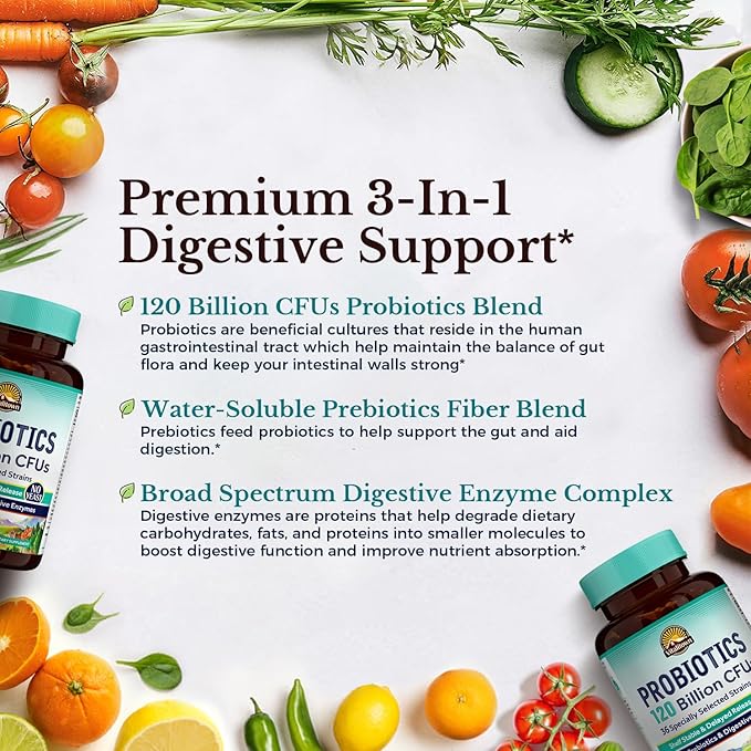Vitalitown Probiotics 120 Billion CFUs | 36 Strains, with Prebiotics & Digestive Enzymes for Men Women | Shelf Stable | Digestive & Immune Support | Vegan | 60 Delayed Release Veg Caps