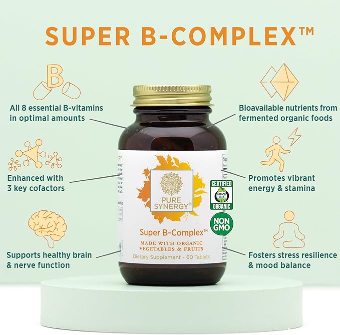 PURE SYNERGY Super B-Complex | Vitamin B Complex Made with Organic Whole Foods | Vegan Supplement with Natural Vitamin B12, Niacin, and Folate | for Energy, Focus and Mood Support (60 Tablets)