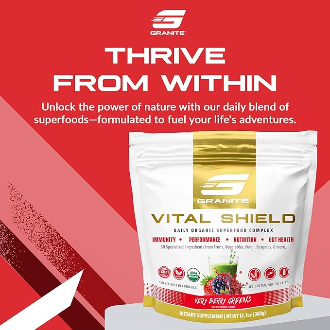 Granite Supplements Vital Shield - (30 Servings) Greens Superfood Powder - Fruit & Vegetable Super Foods Powder for Performance, Gut Health, Immunity & Nutrition, Very Berry Greens