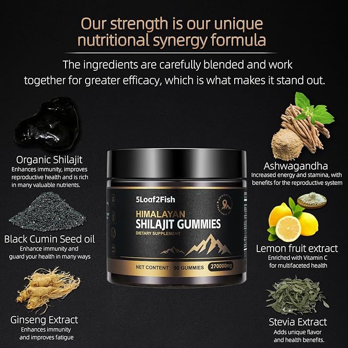 Organic Shilajit Gummies, Pure Himalayan Shilajit Gummies for Men Supplement, Gold Shilajit Gummies for Women,Natural 85+ Trace Minerals, Ashwagandha, Black Seed Oil Extract, 90 Gummies