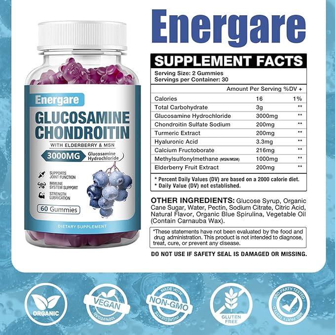 2 Pack 3000mg Glucosamine Chondroitin with MSM Gummies & Elderberry, Extra Strength Joint Support Health, Flexibility, Antioxidant, Immune Supplement Gummy for Adults, Men & Women 120 Counts