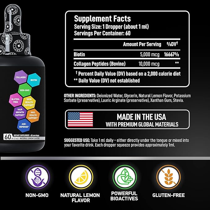 Hydrolyzed Liquid Collagen Peptides and Biotin - Hair Skin and Nails Collagen and Biotin Drops Supplement - Collagen Liquid for Women and Men - Lemon Collagen Type 1 and 3 Biotin Drop - 60ml