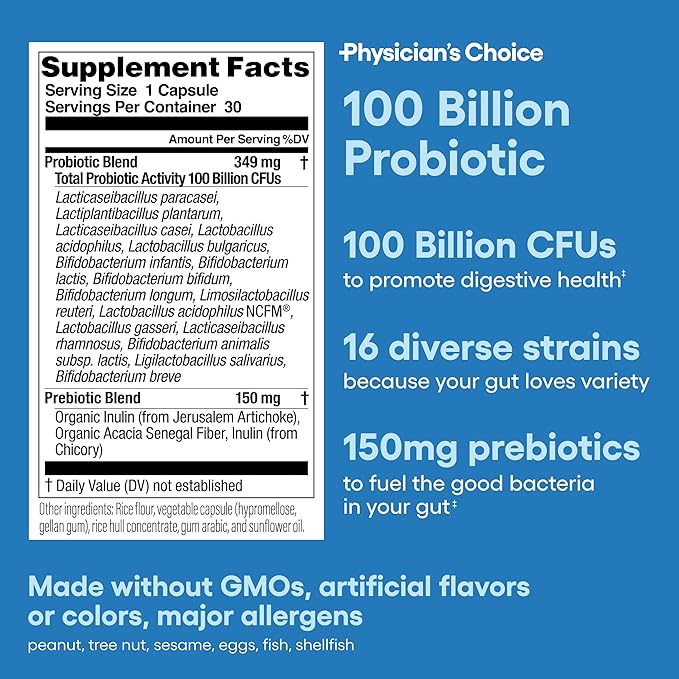 Physician's CHOICE 100 Billion Advanced Probiotic - 16 Strains + Organic Prebiotics - Digestive & Gut Health - Supports Occasional Constipation, Diarrhea, Gas & Bloating - Probiotics for Women & Men