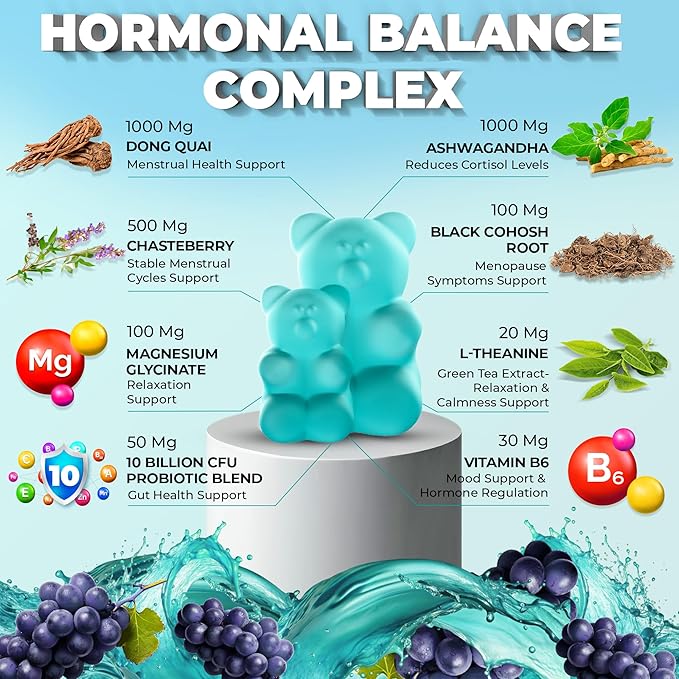 PMS Gummies Hormonal Balance Supplements For Women - Probiotic PMS Vitamins Menstrual Cramp Relief, Hot Flashes Menopause Support - PMS Relief with Dong Quai, Chasteberry, Black Cohosh & Ashwagandha