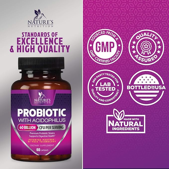 Probiotics 60 Billion CFU per Serving - 10 Strains + Prebiotics - Immune, Digestive & Gut Health Support, Supports Occasional Constipation, Gas & Bloating for Women & Men, Shelf Stable - 60 Capsules
