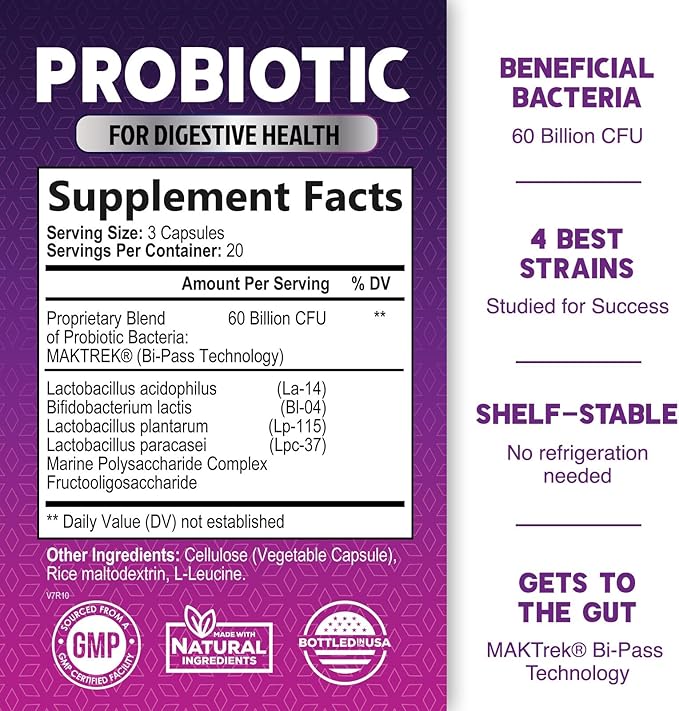 Probiotics 60 Billion CFU per Serving - 10 Strains + Prebiotics - Immune, Digestive & Gut Health Support, Supports Occasional Constipation, Gas & Bloating for Women & Men, Shelf Stable - 60 Capsules