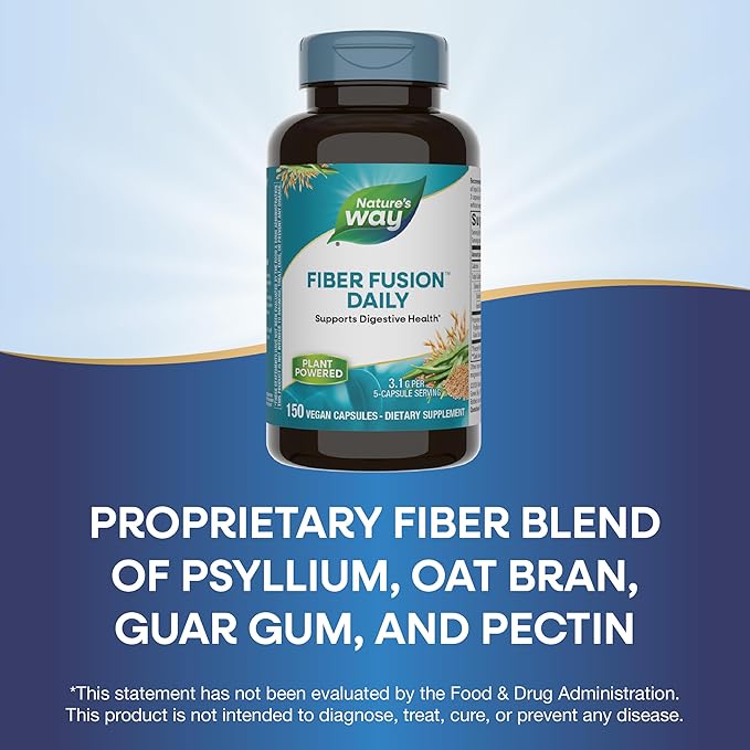 Nature's Way Fiber Fusion Daily, with Psyllium Husk, Oat Bran, Guar Gum, Pectin, Digestive Health Support*, Vegan, 150 Capsules (Packaging May Vary)