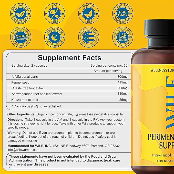 WILE Menopause and Perimenopause Supplements for Women with Ashwagandha - Menopausal Symptoms Relief for Stress, Hot Flashes, Night Sweats - Healthy Sleep & Hormone Balance Support, Vegan, 30 Servings