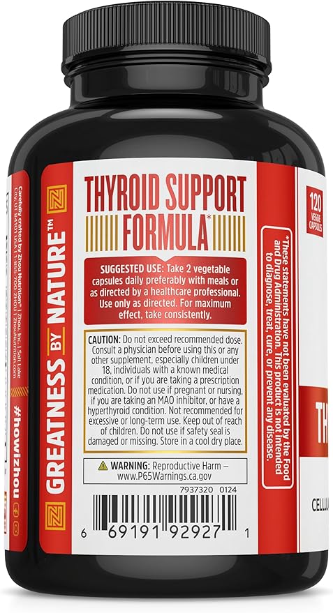Zhou Thyroid Support Complex with Iodine Supplement, Increase Energy, Fight Brain Fog with Vitamin B12, Iodine, Magnesium, Zinc, Selenium, No Soy, Gluten-Free, 60 Servings, 120 Caps
