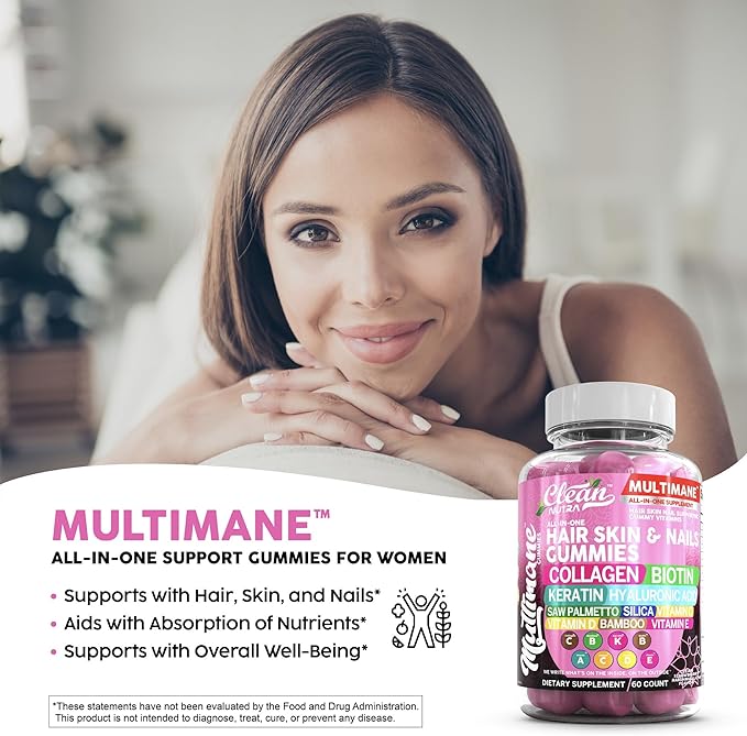 Biotin Collagen Keratin Gummies | Hair Skin and Nails Vitamins for Women | Hyaluronic Acid Bamboo Vitamin A C D3 E Folate With Saw Palmetto Silica B3 B12 Vegan Gummy By Clean Nutra