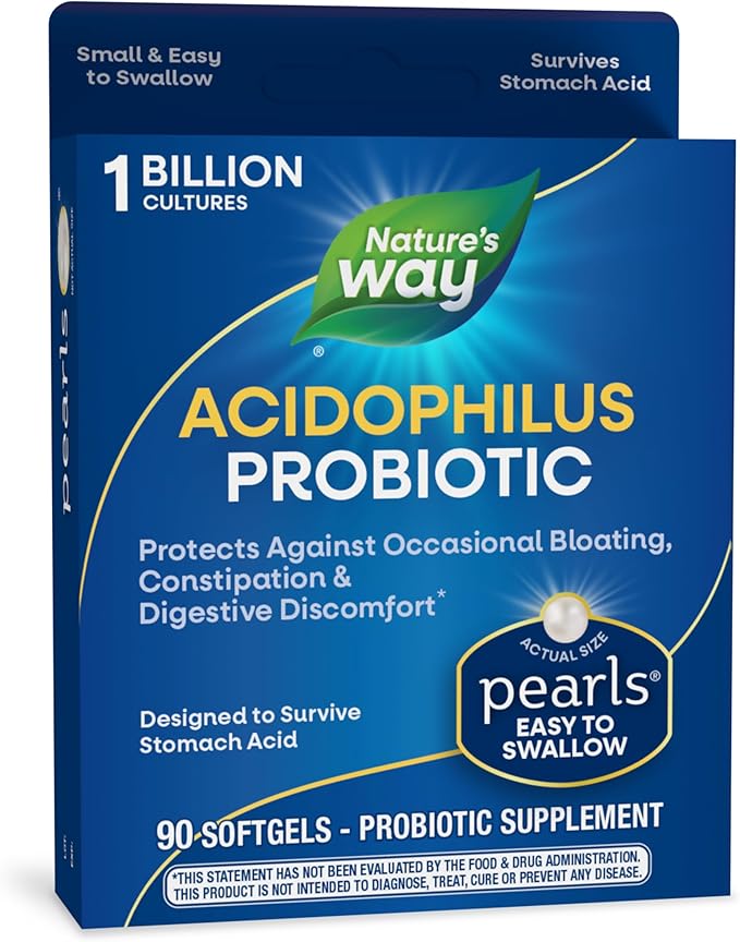 Nature's Way Acidophilus Probiotic Pearls, Supports Digestive Balance and Gut Health*, Protects Against Occasional Constipation and Bloating*, 1 Billion Live Cultures, 90 Softgels (Packaging May Vary)