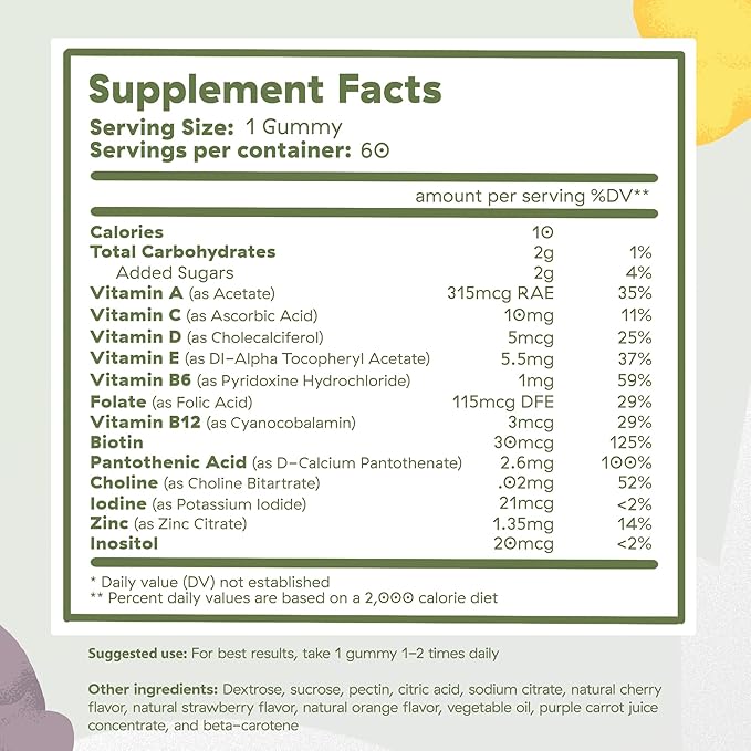 BrightBears Gummy Bear Kids Vitamins with Vitamins A, C, D, E, B6, B12, Biotin, Zinc, Kids Multivitamin Gummies, Multivitamin for Kids, Non-GMO, Gluten-Free, 60 Gummies Nutrition
