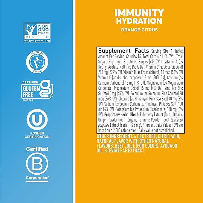 Nuun Hydration Immunity Electrolyte Tablets With 200mg Vitamin C, Orange Citrus, 5 Essential Electrolytes for Hydration, Ginger & Turmeric, Vegan, Non-GMO, 8 Pack (80 Servings)