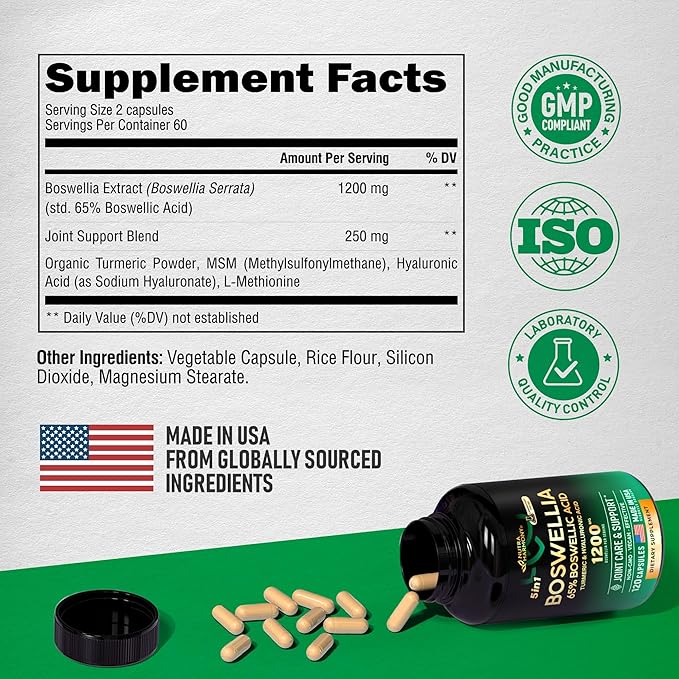 Boswellia 1200mg - Boswellia Extract | Turmeric | Hyaluronic Acid | MSM | Same - Joint Health & Comfort - Boswellia Serrata | 65% Boswellic Acid - for Men & Women - Made in USA - 120 Capsules