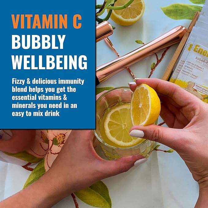 Ener-C Sugar Free Energy Lemon Ginger Multivitamin Drink Mix Vitamin C 1000mg & Electrolytes - Natural Immunity Support with Real Fruit Juice Powders - Non-GMO Vegan & Gluten Free - 60 Count